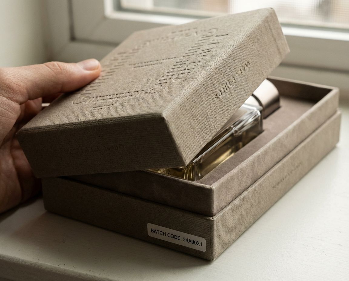 Close-up of authentic perfume packaging and quality detailing