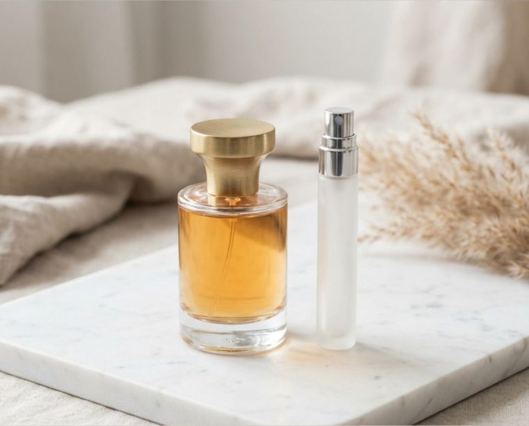 Full-size perfume bottle compared with 10ml decant in Singapore