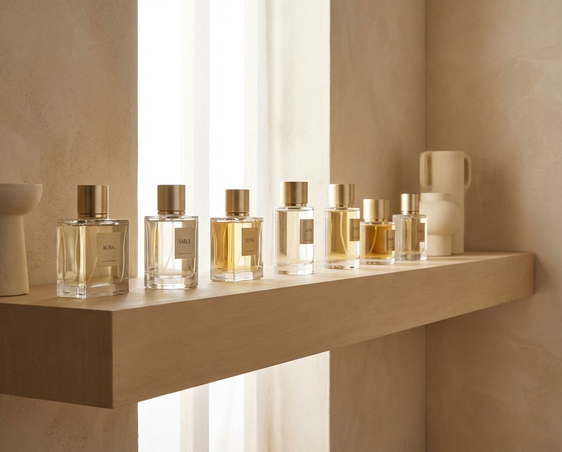 Curated luxury perfume collection displayed in an elegant setting